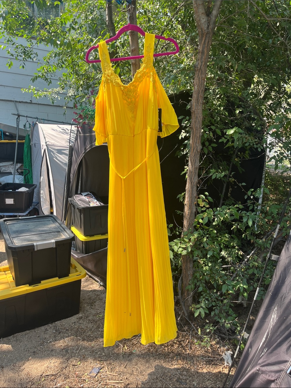 Signature by Sangria Bright Yellow Pleated Cold-Shoulder Maxi Dress